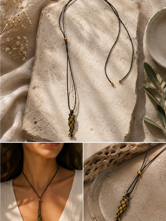 Mayamar Jewelry - New mayamar Gold and Black Woven Pendant Necklace with fish - Women Jewelry